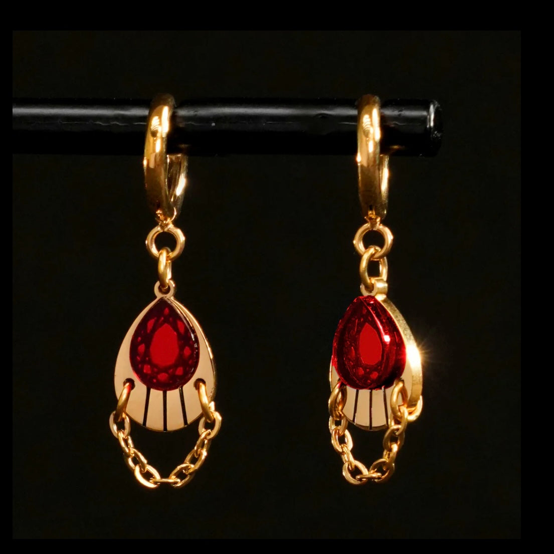 Armoured Huggie Hoop Earrings - Gold and Ruby Red