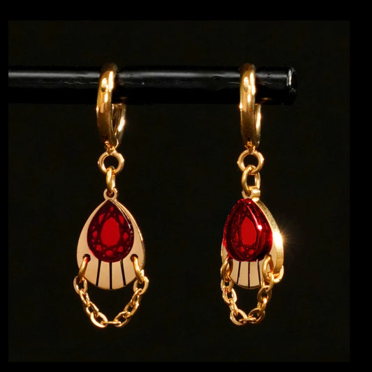 Armoured Huggie Hoop Earrings - Gold and Ruby Red