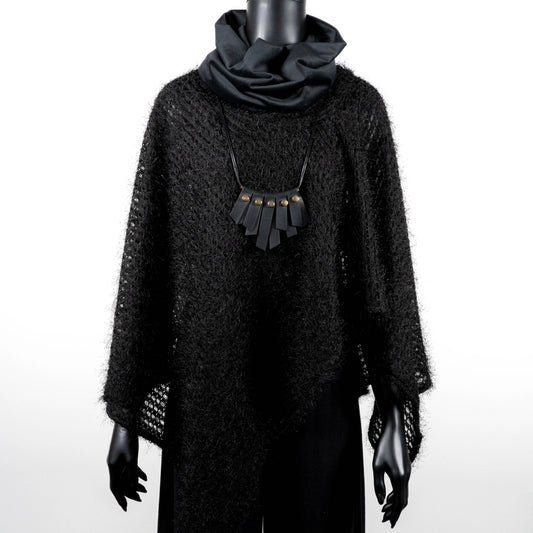 Black knit poncho with soft texture black velvet loop scarf and black rubber necklace made in Melbourne  Eloise the label Australian made 
