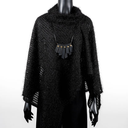 Black knit poncho with soft texture and black rubber necklace made in Melbourne  Eloise the label Australian made 