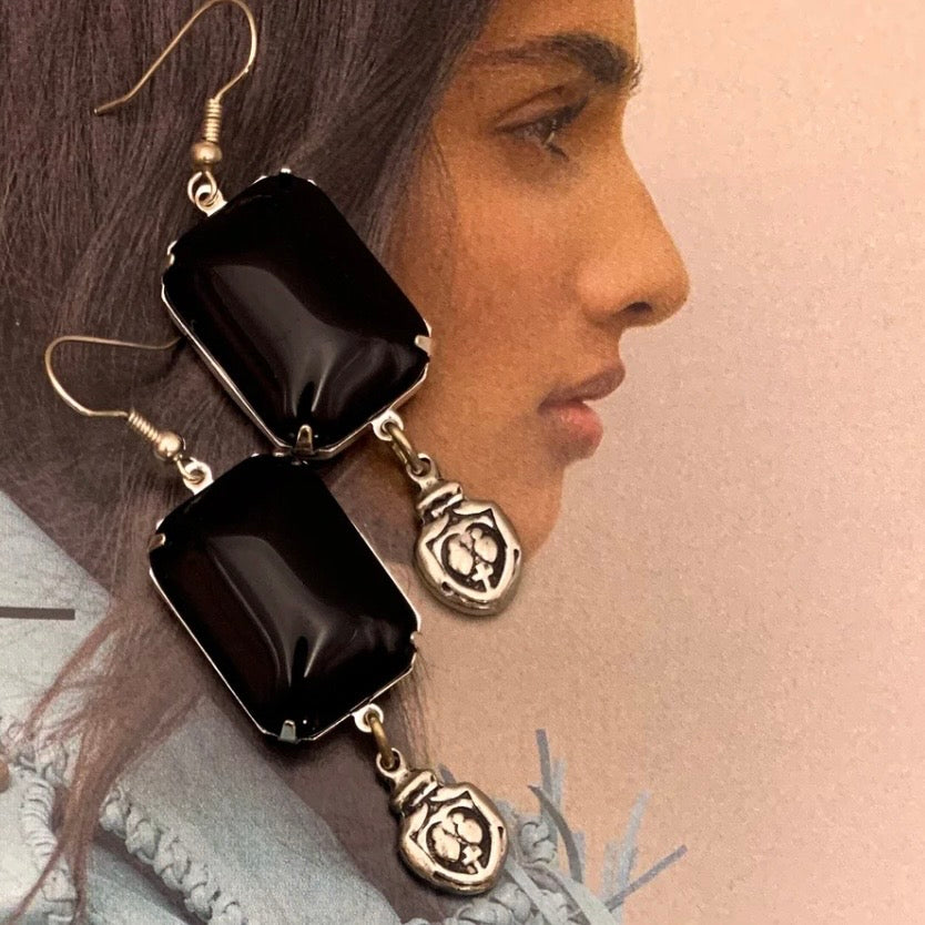 Black Tie Earrings - Vintage French Jet Crystal And Sacred Heart Drop