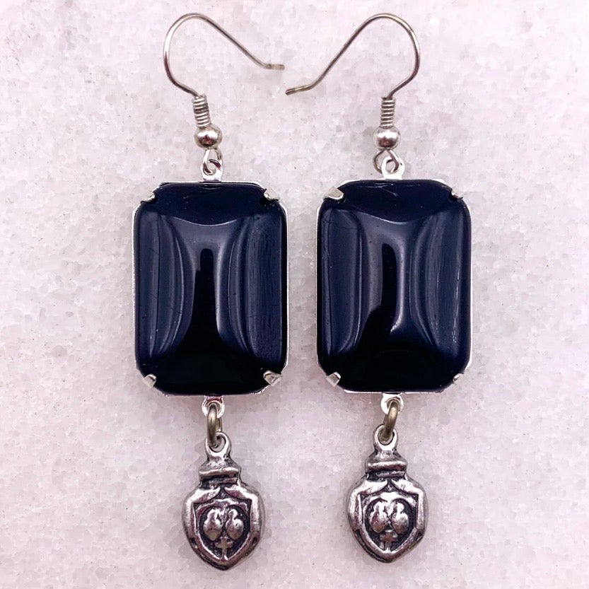 Black Tie Earrings - Vintage French Jet Crystal And Sacred Heart Drop