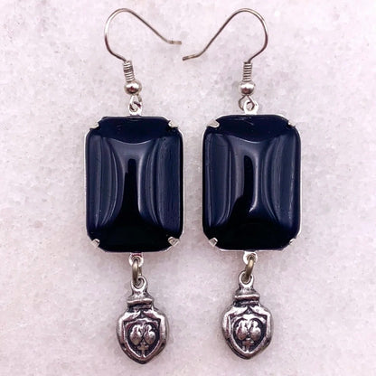 Black Tie Earrings - Vintage French Jet Crystal And Sacred Heart Drop