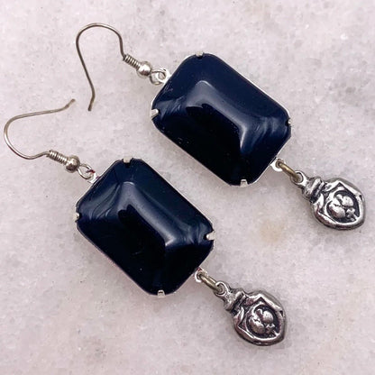 Black Tie Earrings - Vintage French Jet Crystal And Sacred Heart Drop