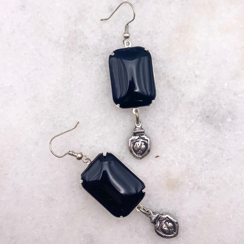 Black Tie Earrings - Vintage French Jet Crystal And Sacred Heart Drop