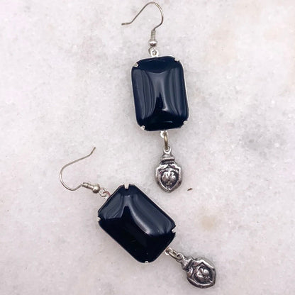 Black Tie Earrings - Vintage French Jet Crystal And Sacred Heart Drop