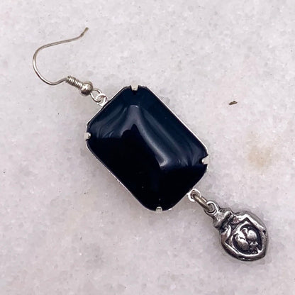 Black Tie Earrings - Vintage French Jet Crystal And Sacred Heart Drop