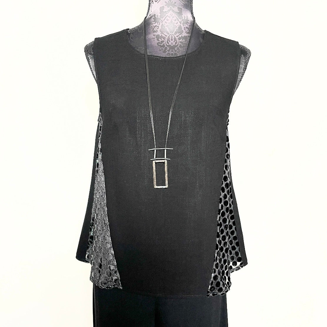 Blaze Top -  Black Soft draping Linen & Silver With Black Velvet Dot