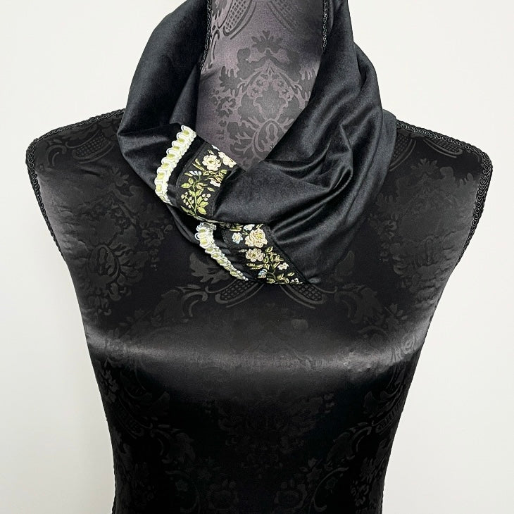 loop scarf infinity scarf black velvet scarf black lace floral scarf womens scarf evening accessories evening wear evening dress formal dress unique clothing made in melbourne australian made clothing elegant style clothing for weddings timeless style eloise the label