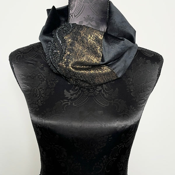 loop scarf infinity scarf black velvet scarf black lace gold scarf womens scarf evening accessories evening wear evening dress formal dress unique clothing made in melbourne australian made clothing elegant style clothing for weddings timeless style eloise the label