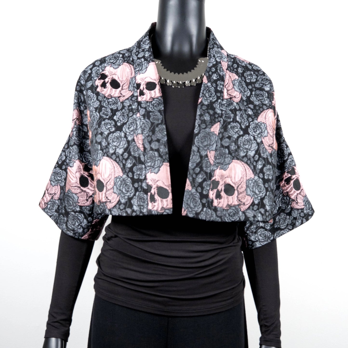 Bolero jacket skulls and roses pink Gothic style evening coat stylish clothing evening wear handmade in Melbourne classy elegant clothing timeless clothing classic style unique clothing unique style ageless style luxe fabrics women's clothing made in Melbourne Australia Eloise the label