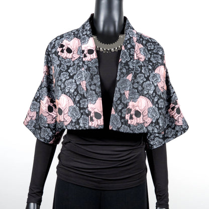 Bolero jacket skulls and roses pink Gothic style evening coat stylish clothing evening wear handmade in Melbourne classy elegant clothing timeless clothing classic style unique clothing unique style ageless style luxe fabrics women's clothing made in Melbourne Australia Eloise the label