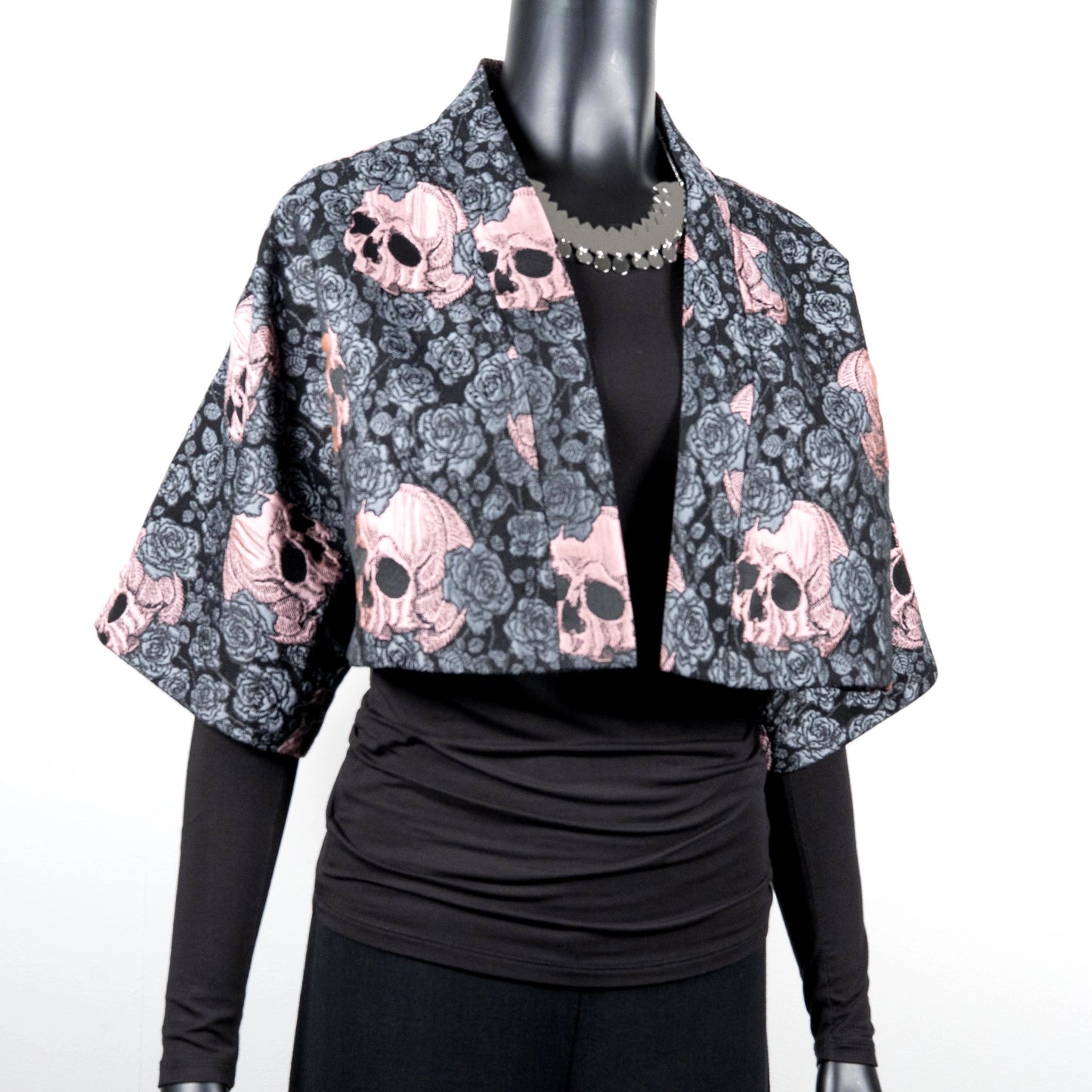 Bolero jacket skulls and roses pink Gothic style evening coat stylish clothing evening wear handmade in Melbourne classy elegant clothing timeless clothing classic style unique clothing unique style ageless style luxe fabrics women's clothing made in Melbourne Australia Eloise the label