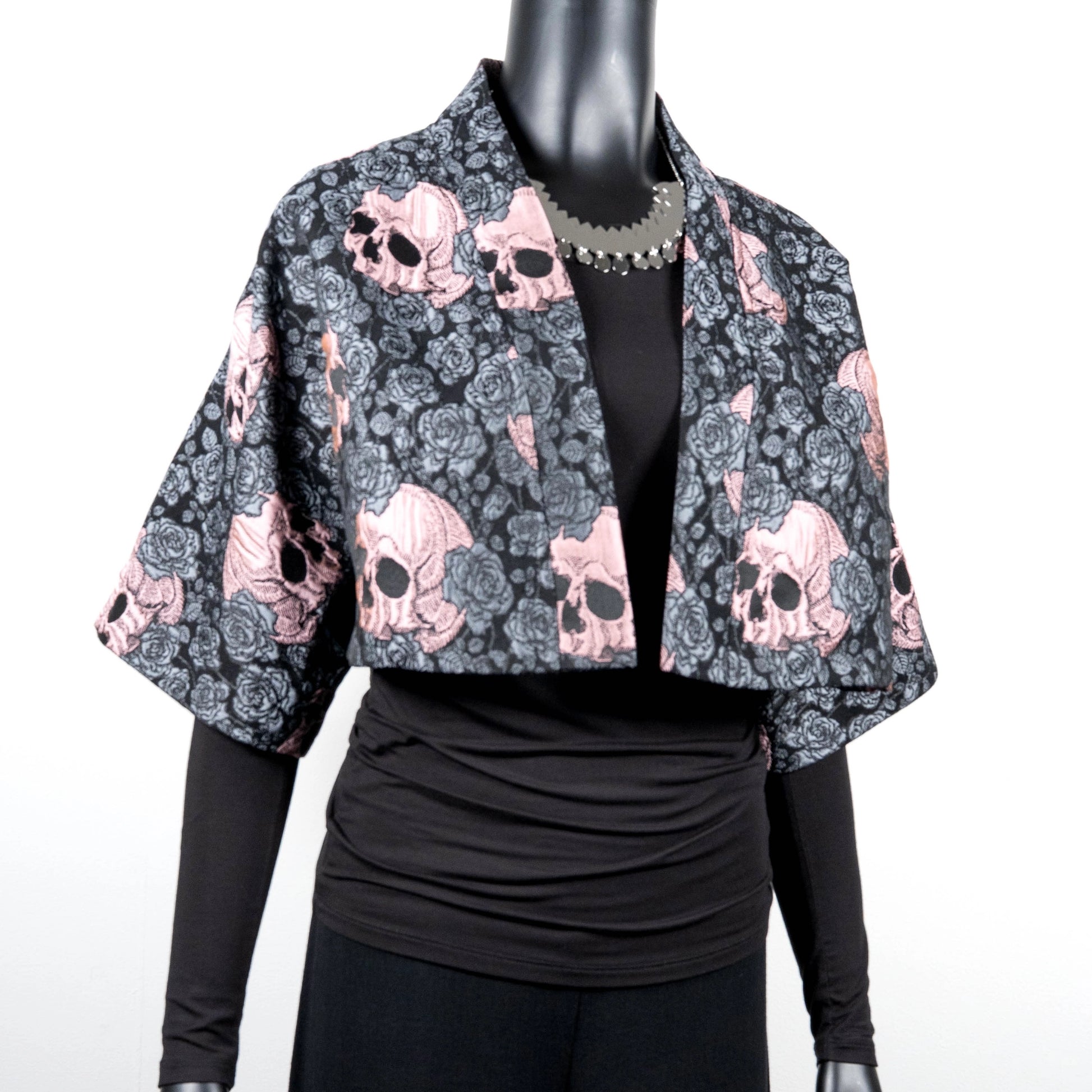 Bolero jacket skulls and roses pink Gothic style evening coat stylish clothing evening wear handmade in Melbourne classy elegant clothing timeless clothing classic style unique clothing unique style ageless style luxe fabrics women's clothing made in Melbourne Australia Eloise the label