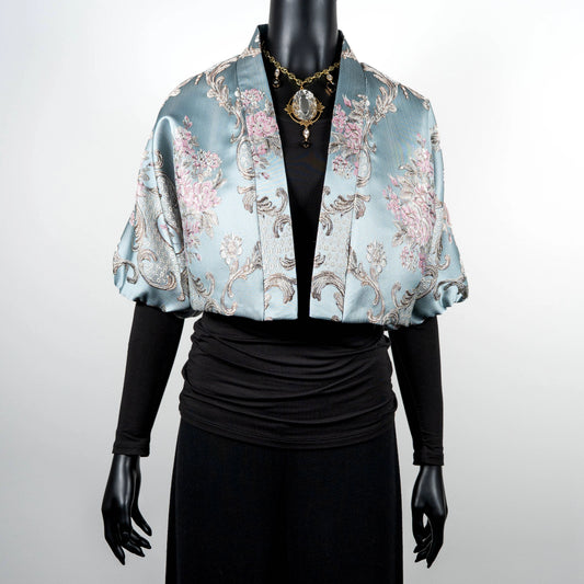 Duck egg blue satin florentine pink floral jacquard bolero jacket old world charm whimsical design with crystal drop statement necklace event wear evening wear special occasions Melbourne made slow fashion Eloise the label
