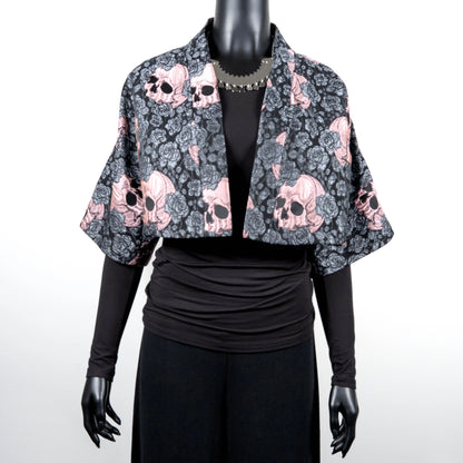 Bolero jacket skulls and roses pink Gothic style evening coat stylish clothing evening wear handmade in Melbourne classy elegant clothing timeless clothing classic style unique clothing unique style ageless style luxe fabrics women's clothing made in Melbourne Australia Eloise the label