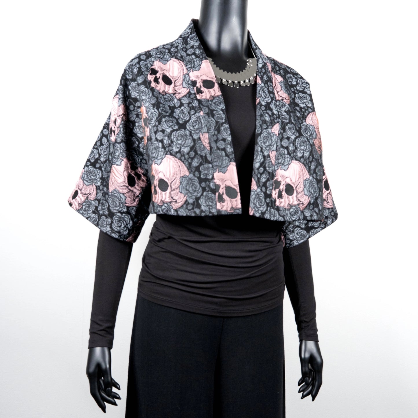 Bolero jacket skulls and roses pink Gothic style evening coat stylish clothing evening wear handmade in Melbourne classy elegant clothing timeless clothing classic style unique clothing unique style ageless style luxe fabrics women's clothing made in Melbourne Australia Eloise the label