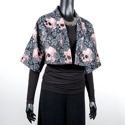 Bolero jacket skulls and roses pink Gothic style evening coat stylish clothing evening wear handmade in Melbourne classy elegant clothing timeless clothing classic style unique clothing unique style ageless style luxe fabrics women's clothing made in Melbourne Australia Eloise the label