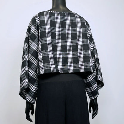 Black and white check layering top with bat wing sleeves and gathered waistline made in Melbourne