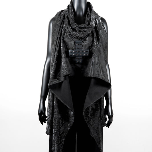 Gothic style black snakeskin wrap scarf with long soft drape high collar black rubber cross necklace Australian made made in Melbourne Eloise the label
