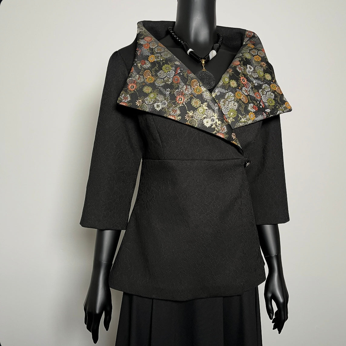 Clasique Jacket - Matte Black Jacquard with Japanese Floral Brocade.