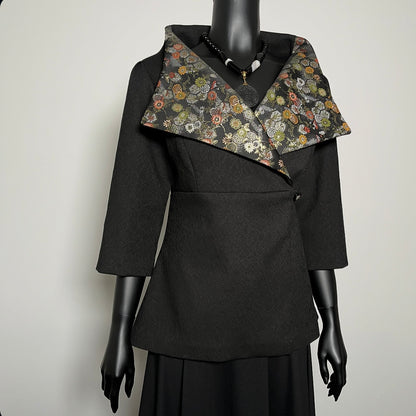 Clasique Jacket - Matte Black Jacquard with Japanese Floral Brocade.