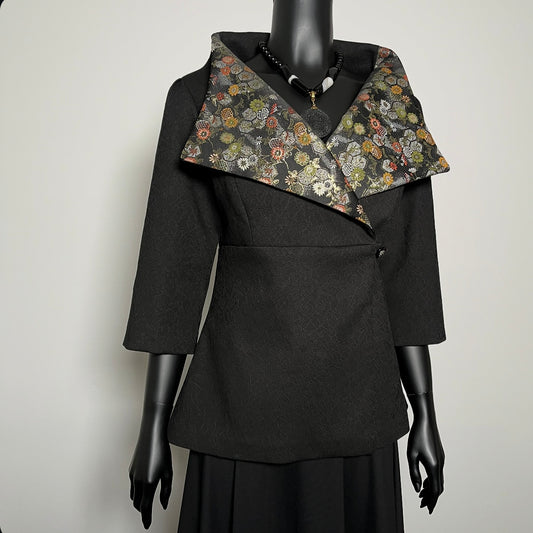 Clasique Jacket - Matte Black Jacquard with Japanese Floral Brocade.