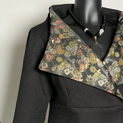Clasique Jacket - Matte Black Jacquard with Japanese Floral Brocade.