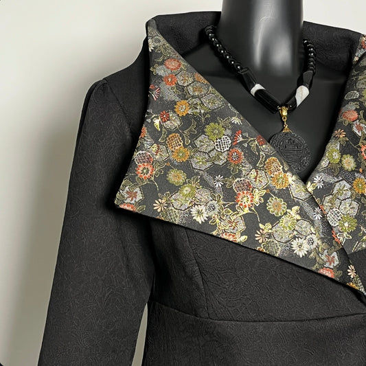Clasique Jacket - Matte Black Jacquard with Japanese Floral Brocade.