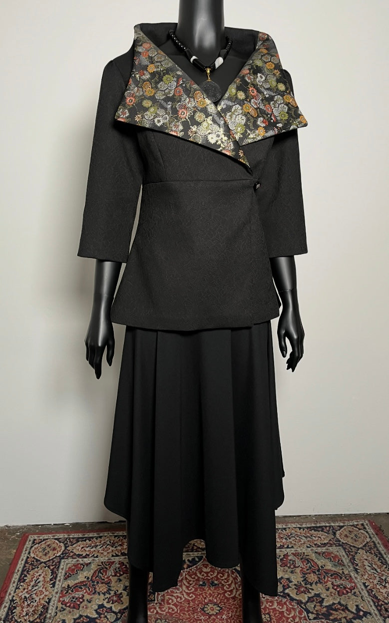 Clasique Jacket - Matte Black Jacquard with Japanese Floral Brocade.