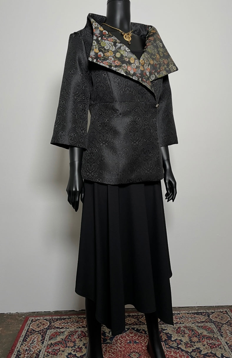 Clasique Jacket - Black Jacquard with Japanese Floral Brocade