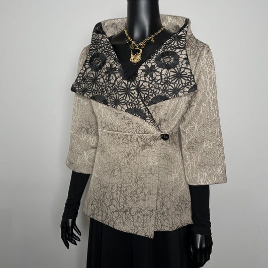 a jacquard patterned coat with a black lace overlay evening jacket melbourne made