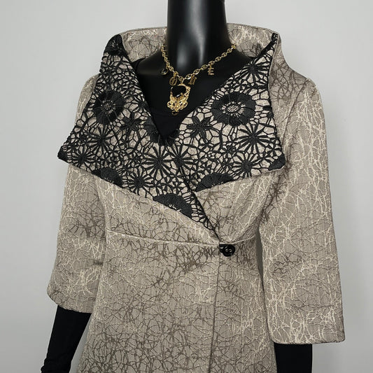 a jacquard patterned coat with a black lace overlay evening jacket melbourne made