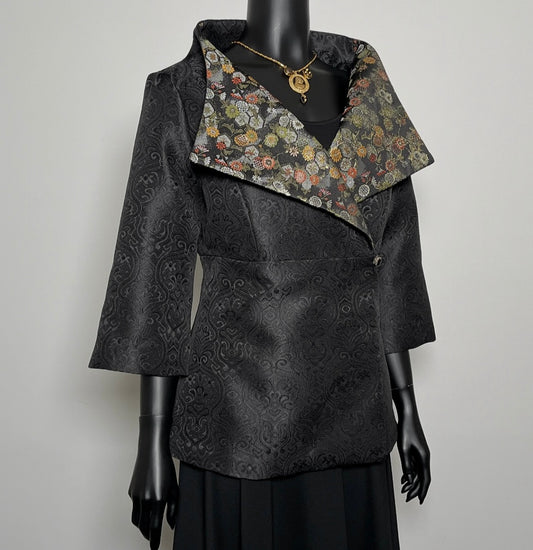 Clasique Jacket - Black Jacquard with Japanese Floral Brocade