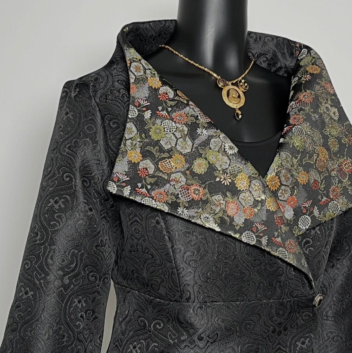 Clasique Jacket - Black Jacquard with Japanese Floral Brocade