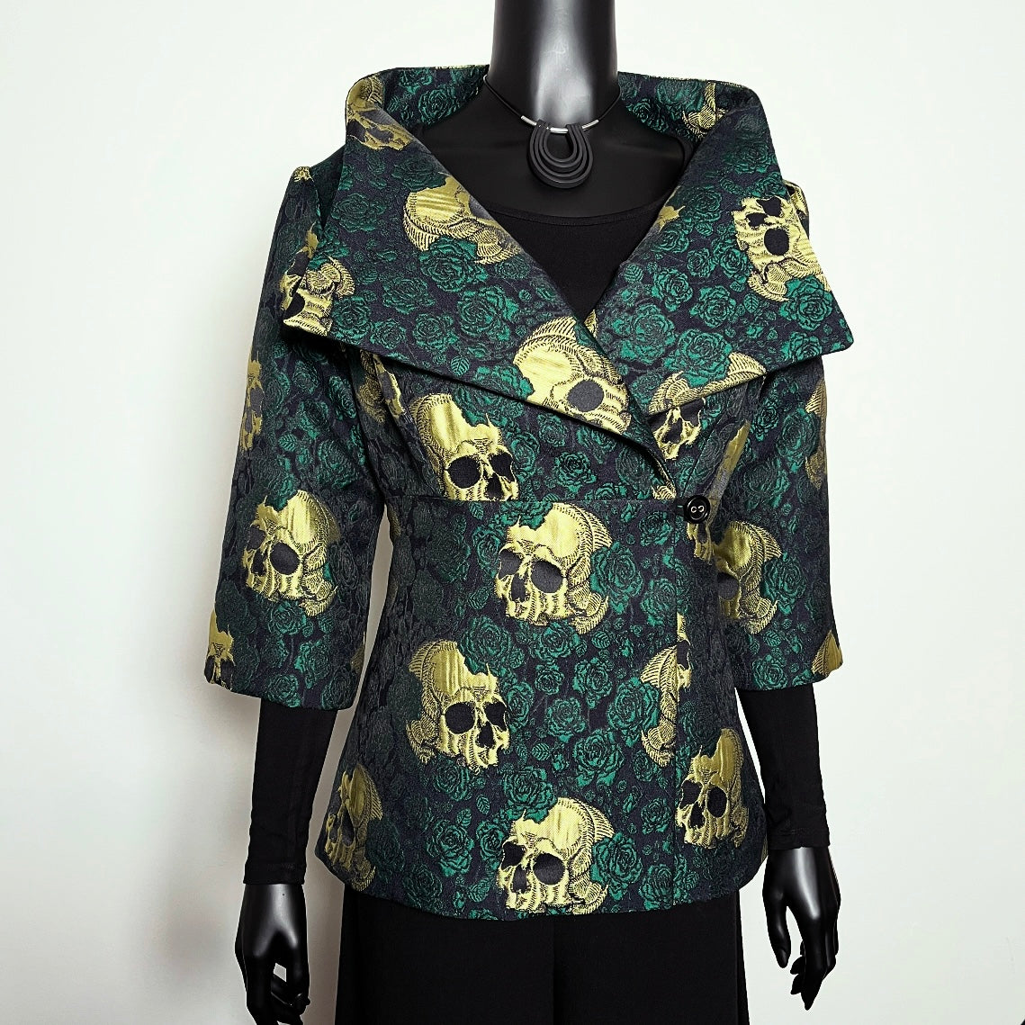 skulls and roses dark green jacquard jacket with gold skull made in melbourne 
