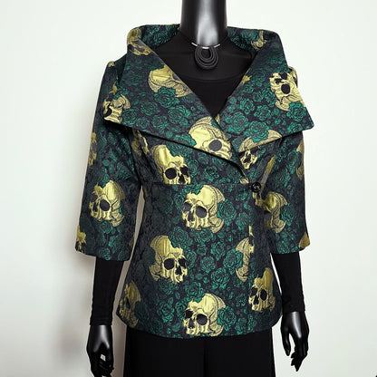 skulls and roses dark green jacquard jacket with gold skull made in melbourne 