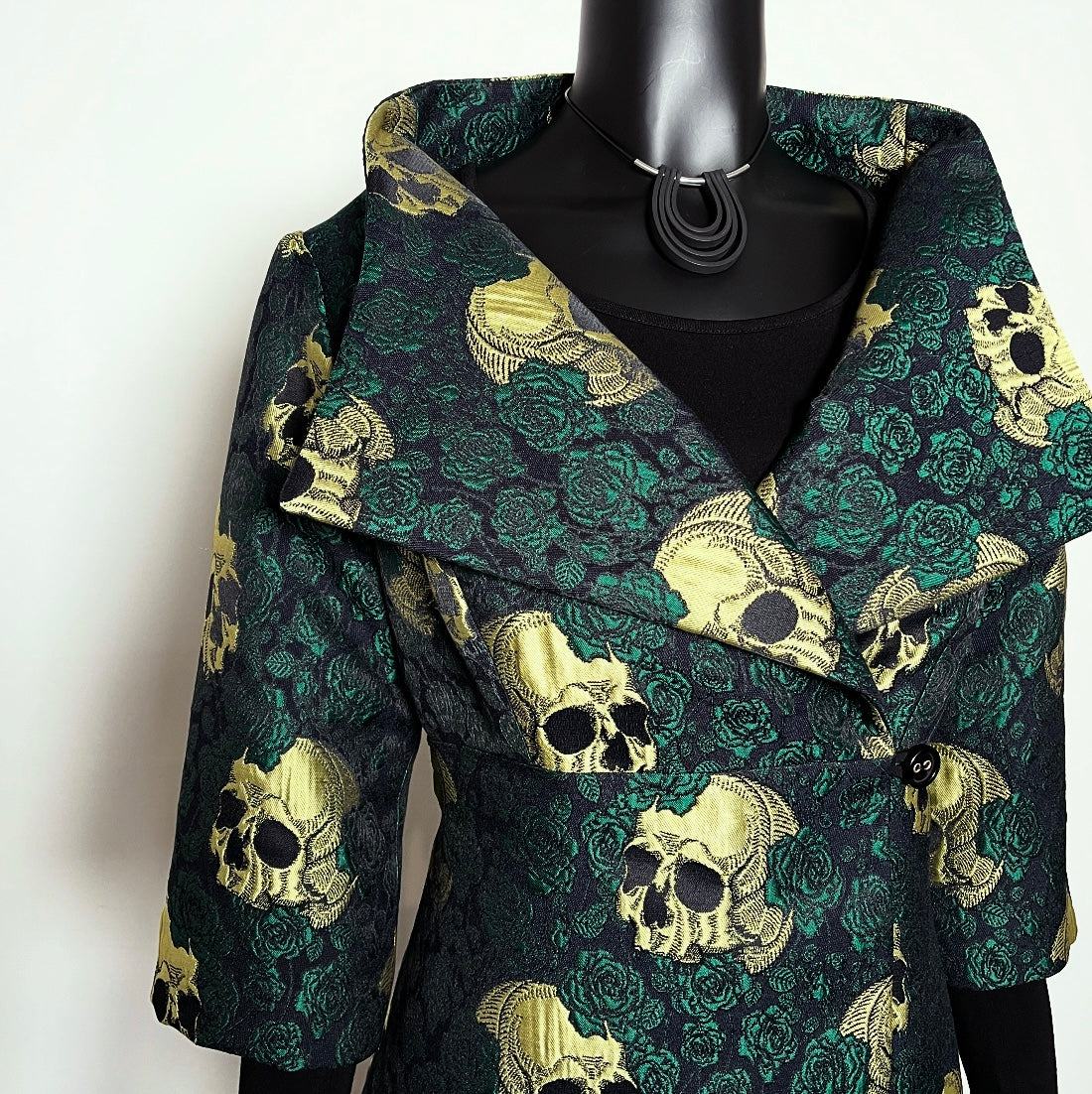 skulls and roses dark green jacquard jacket with gold skull made in melbourne 