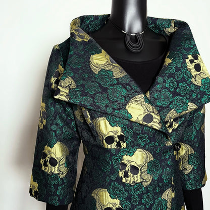 skulls and roses dark green jacquard jacket with gold skull made in melbourne 