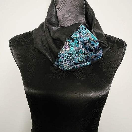 Luxe Collar - Loop Scarf - Faux Leather - Blue Floral Silk