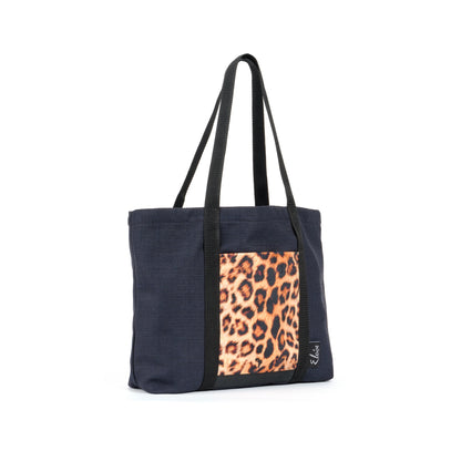 Black tote bag with leopard print velvet remnant fabric front pocket matching purse set fully lined made in Melbourne Eloise the label