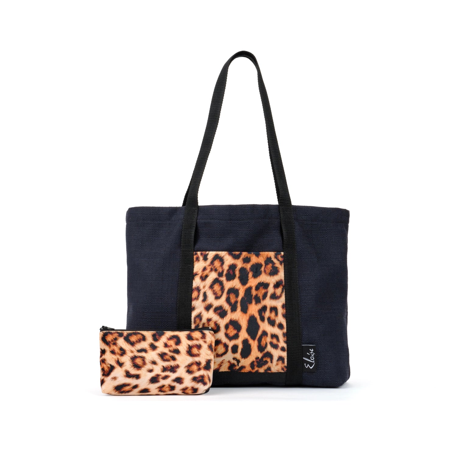 Black tote bag with leopard print velvet remnant fabric front pocket matching purse set fully lined made in Melbourne Eloise the label