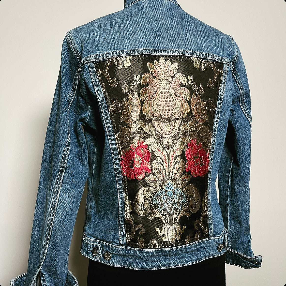 Upcycled denim jacket luxe brocade sustainable fashion made in melbourne 