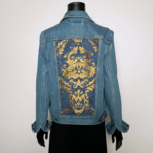Upcycled denim jacket blue gold brocade sustainable fashion made in melbourne 