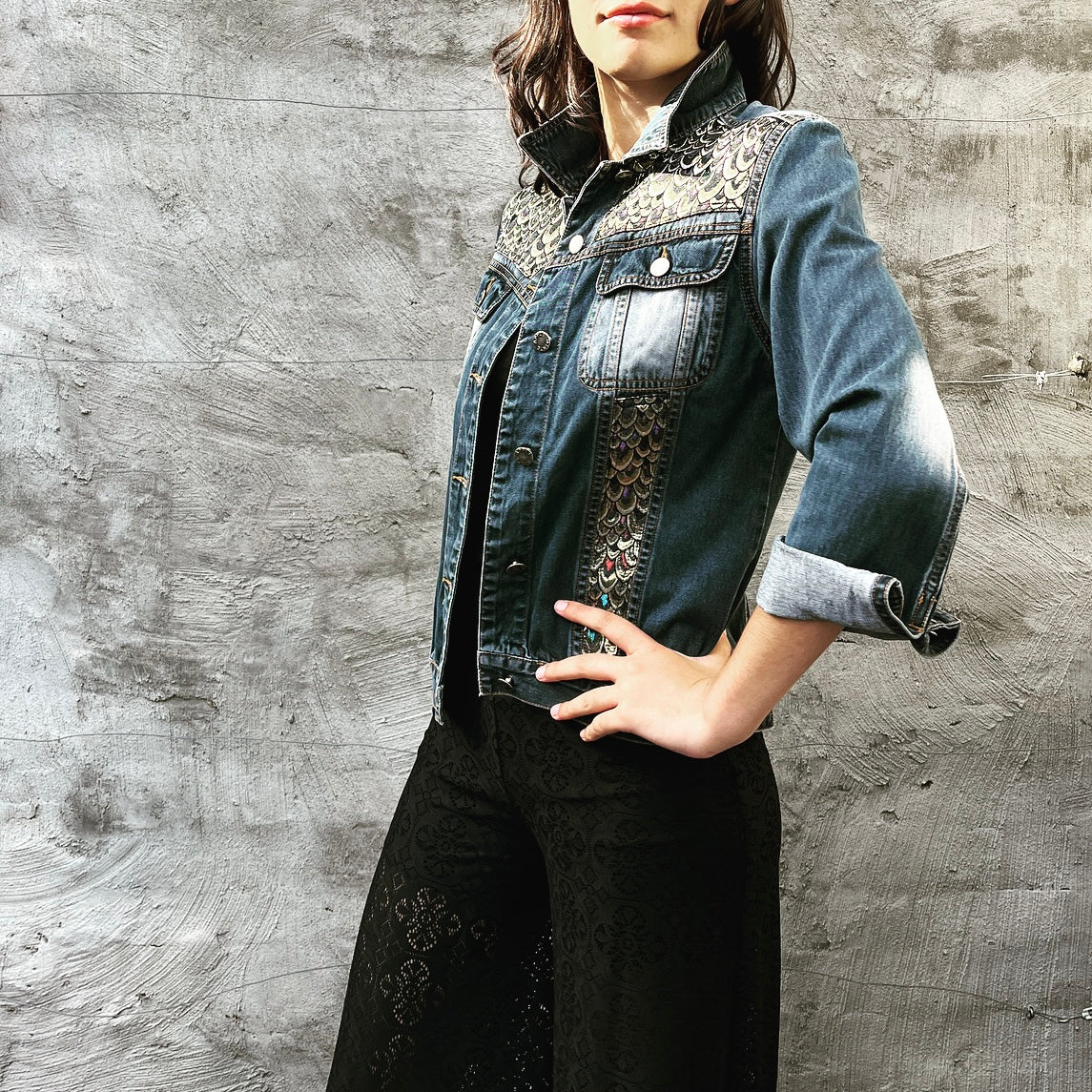 Upcycled denim jacket gold silver scales feathers sustainable fashion made in melbourne 