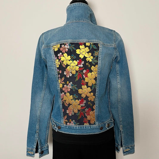 Upcycled denim jacket japanese obi fabric gold floral sustainable fashion made in melbourne  brocade 