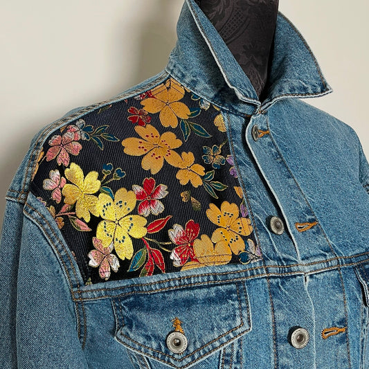 Upcycled denim jacket japanese obi fabric gold floral brocade sustainable fashion made in melbourne 