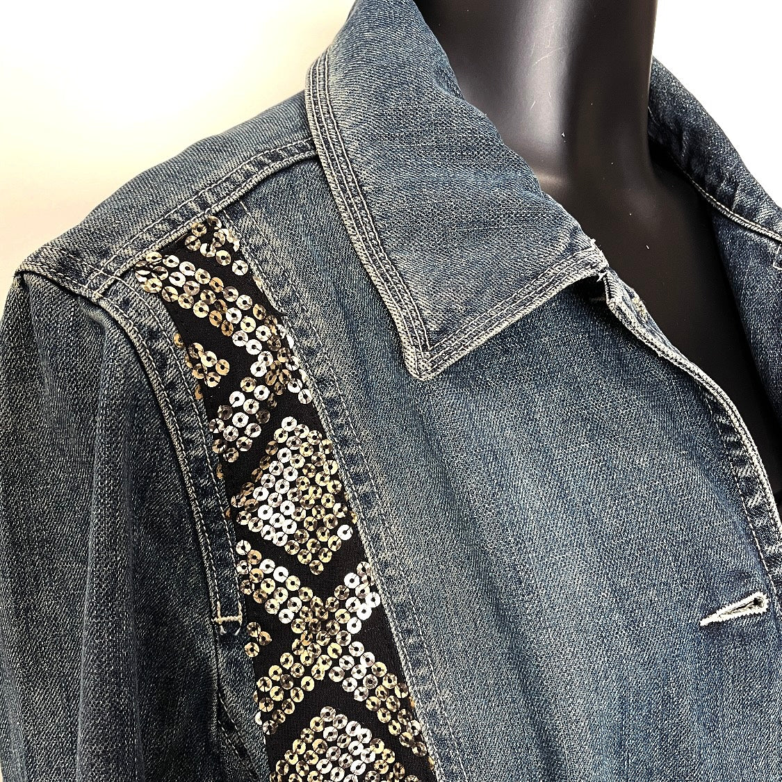 Upcycled denim jacket gold sequins sustainable fashion made in melbourne 