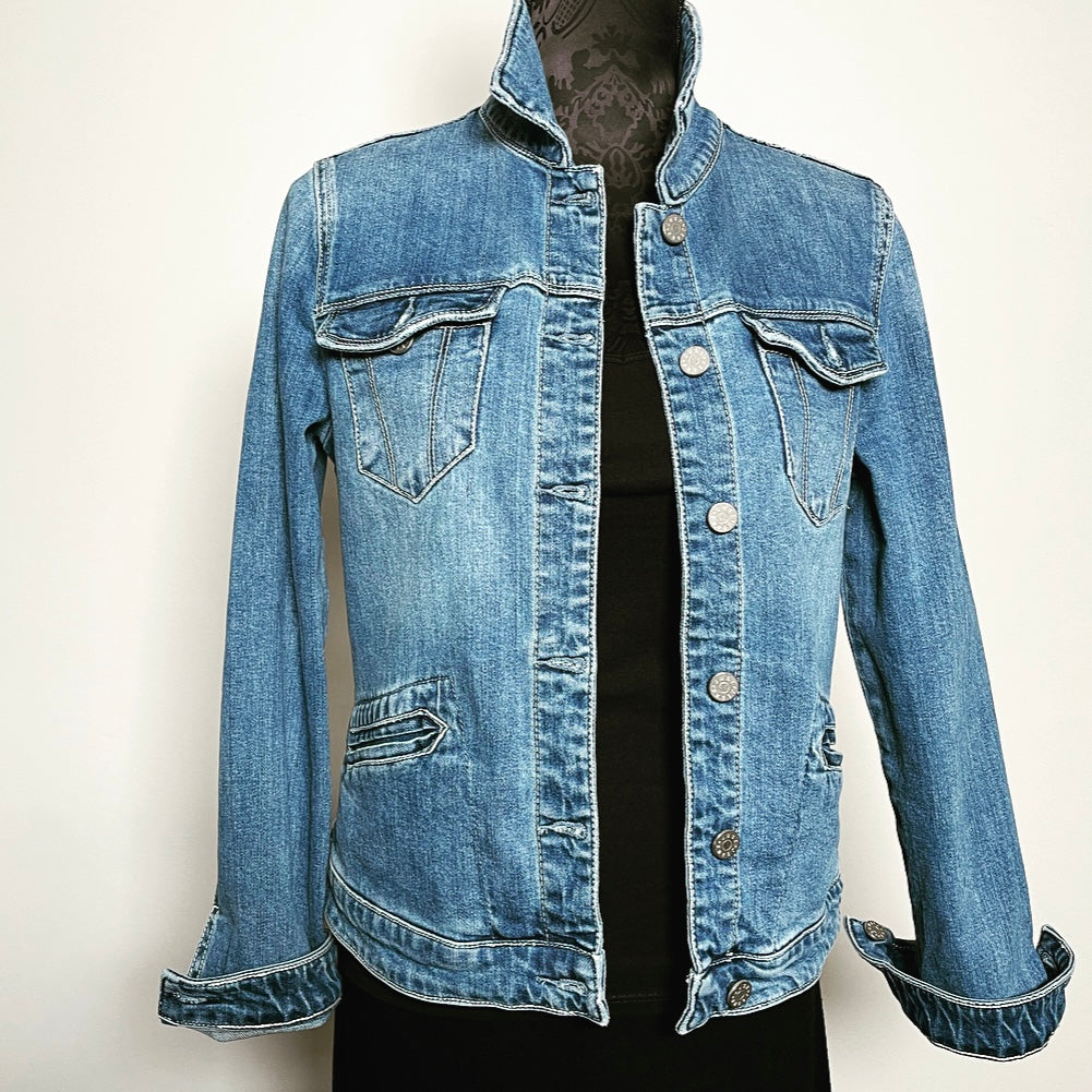 Upcycled denim jacket luxe brocade sustainable fashion made in melbourne 