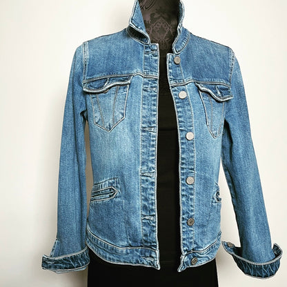 Upcycled denim jacket luxe brocade sustainable fashion made in melbourne 